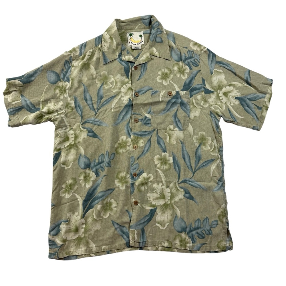 Banana Cabana 100% Silk Hawaiian Shirt – Green & Blue Floral – Size Medium